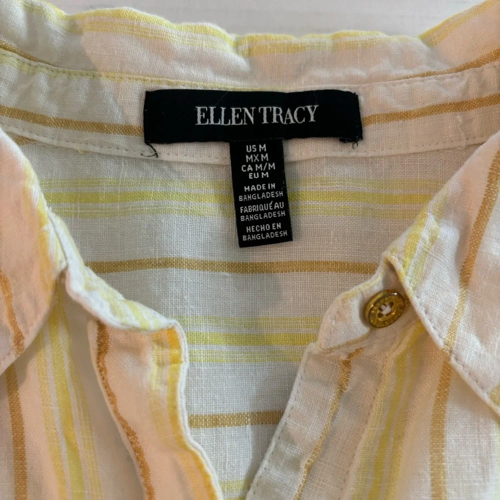 Ellen Tracy 100% Linen Striped Tie Front Button Up Short‎ Sleeve Shirt Women’s M - Picture 4 of 7